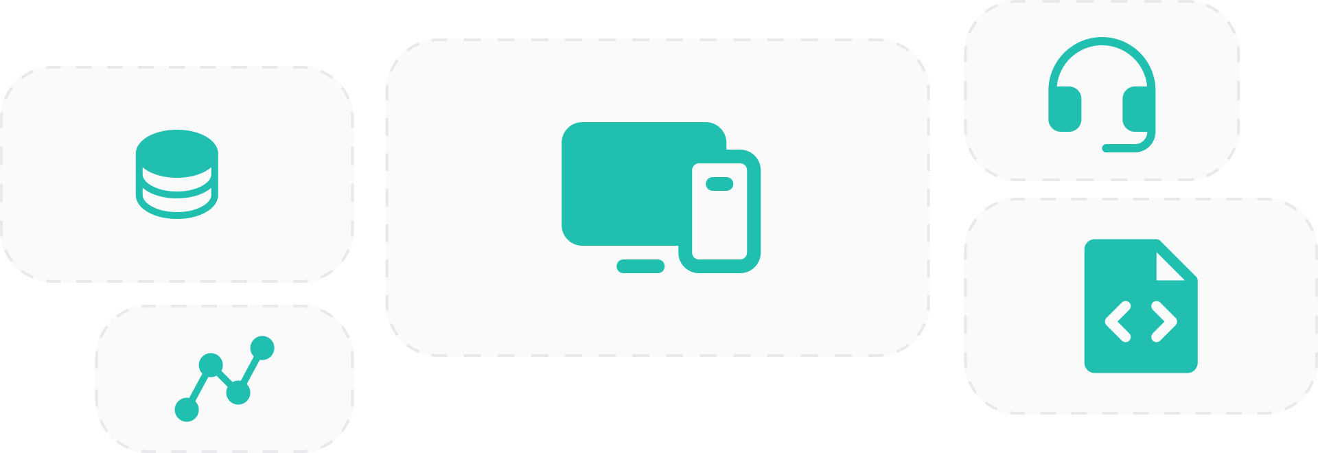 Icons representing database, analytics, desktop and mobile devices, headset support