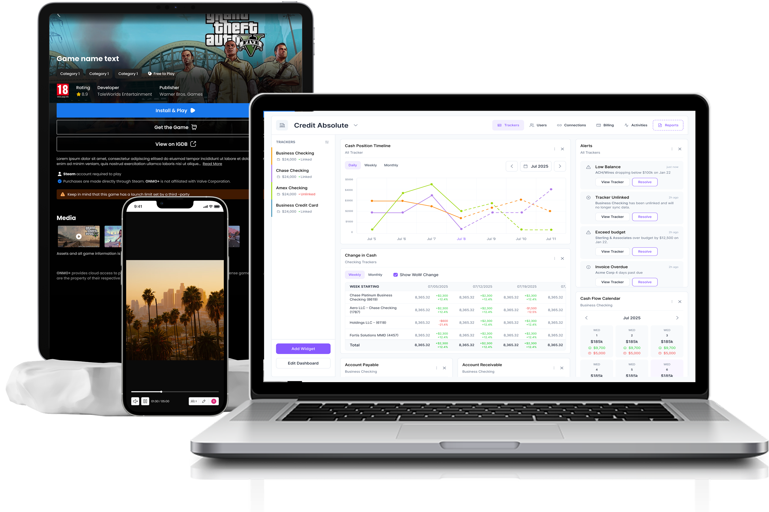 A laptop displaying a financial dashboard with graphs and alerts, an iPad showing a game page with Grand Theft Auto V, and a smartphone with a sunset cityscape wallpaper.