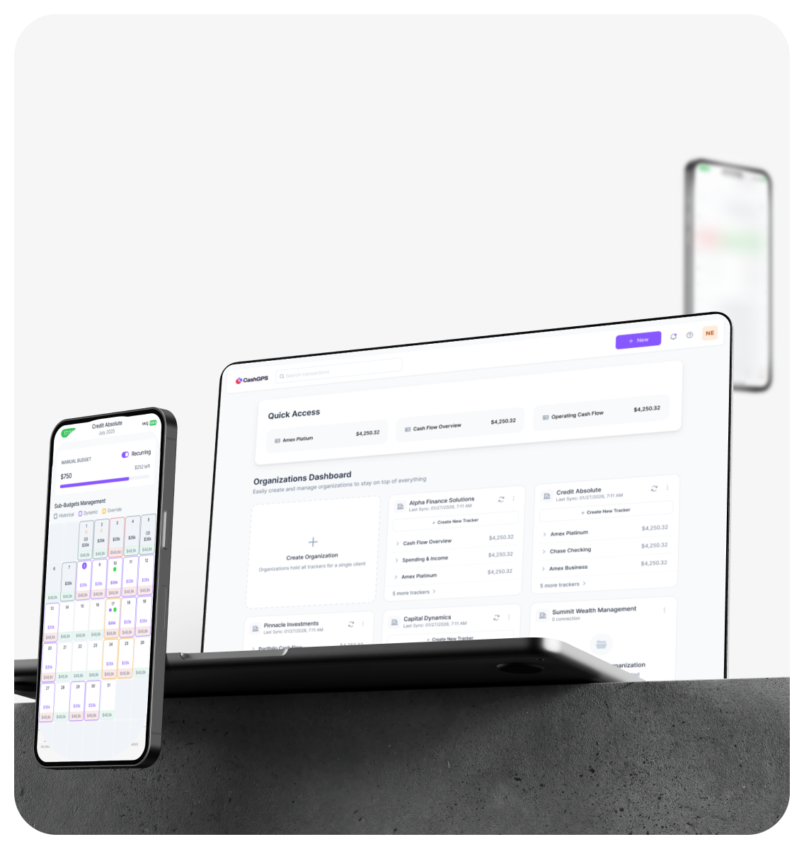 Mobile phone and laptop displaying a financial dashboard with quick access metrics and organization details.