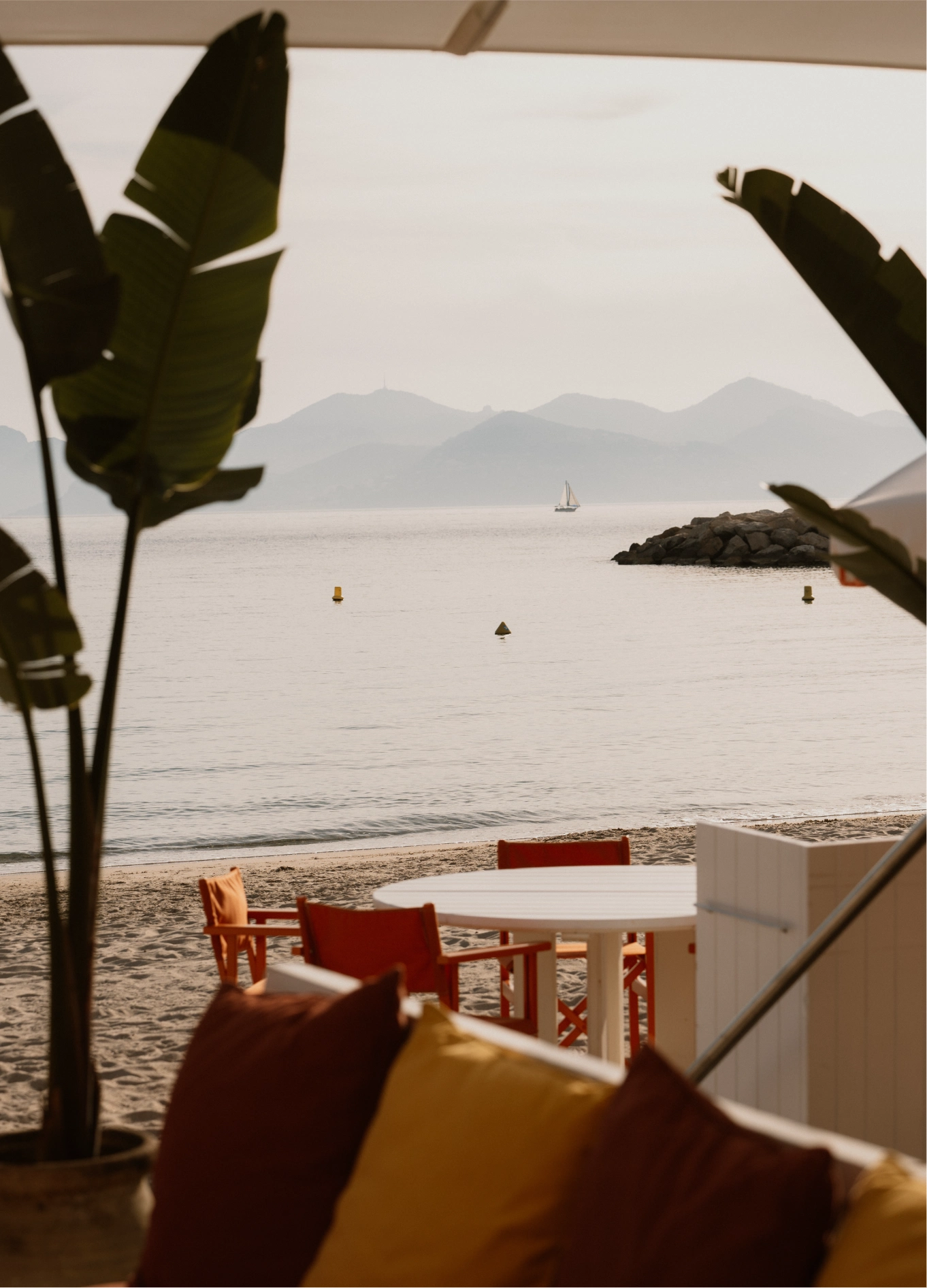 View from a shaded terrace overlooking a calm beach, with large green plants in the foreground and mountains in the background.