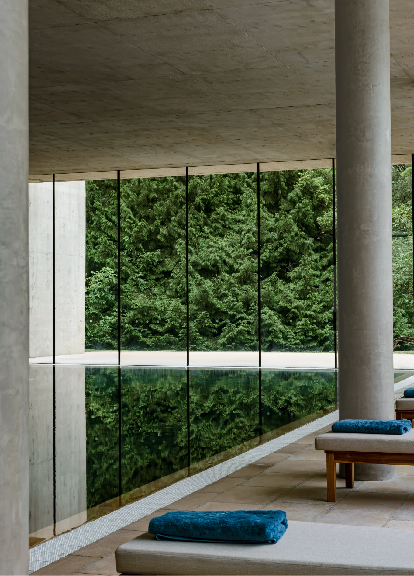 Nature view from the window with blue towel at C-Side Spa, Cowley Manor, Cotswolds