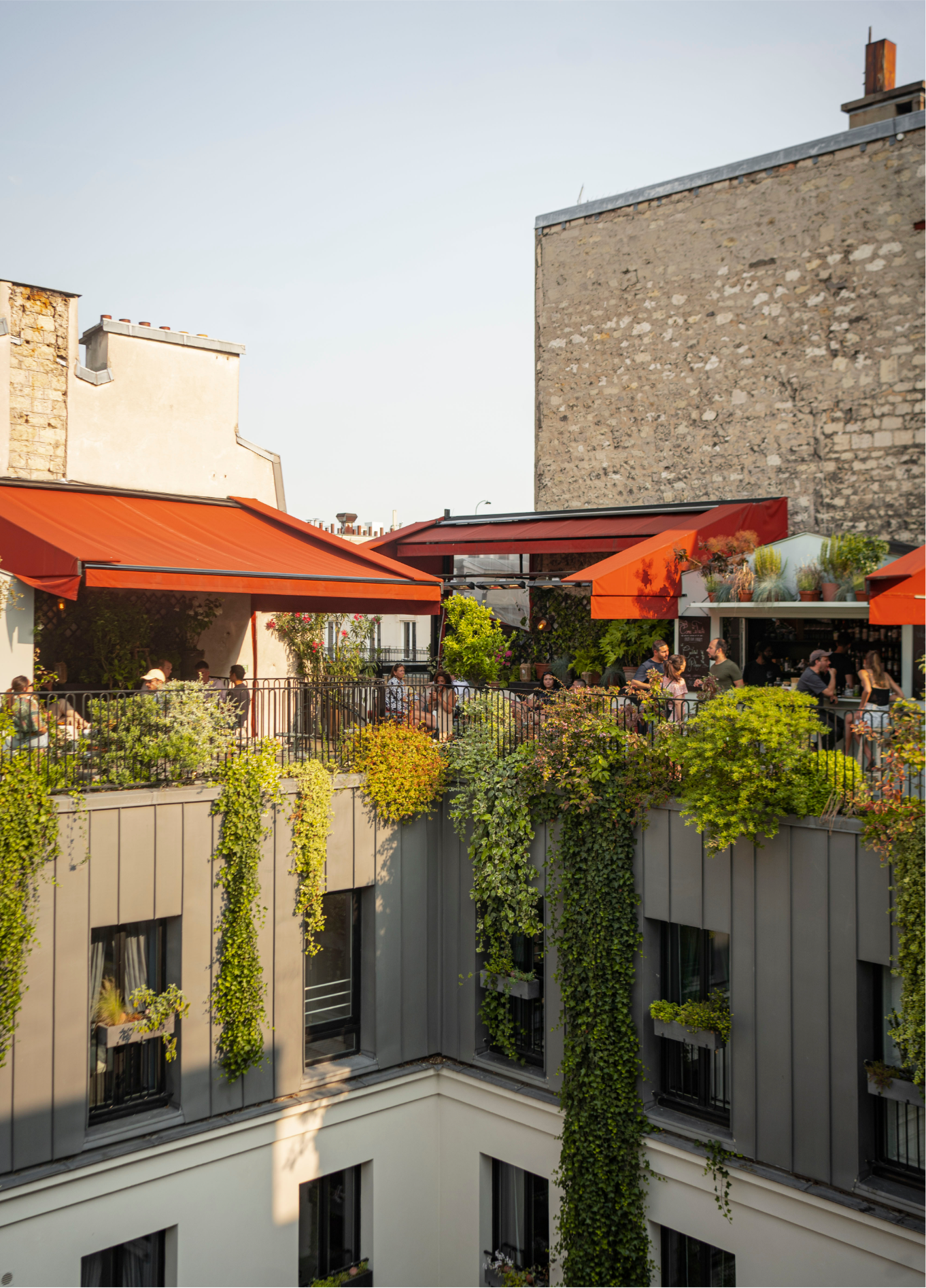 Rooftop terrace with Parisian rooftop view and greenery at The Shed, Grands Boulevards, Paris