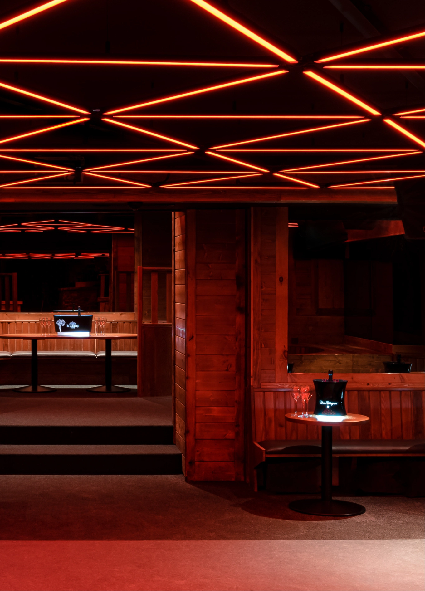 Farm Club night club interior with red ceiling and lights, Verbier, Swiss Alps