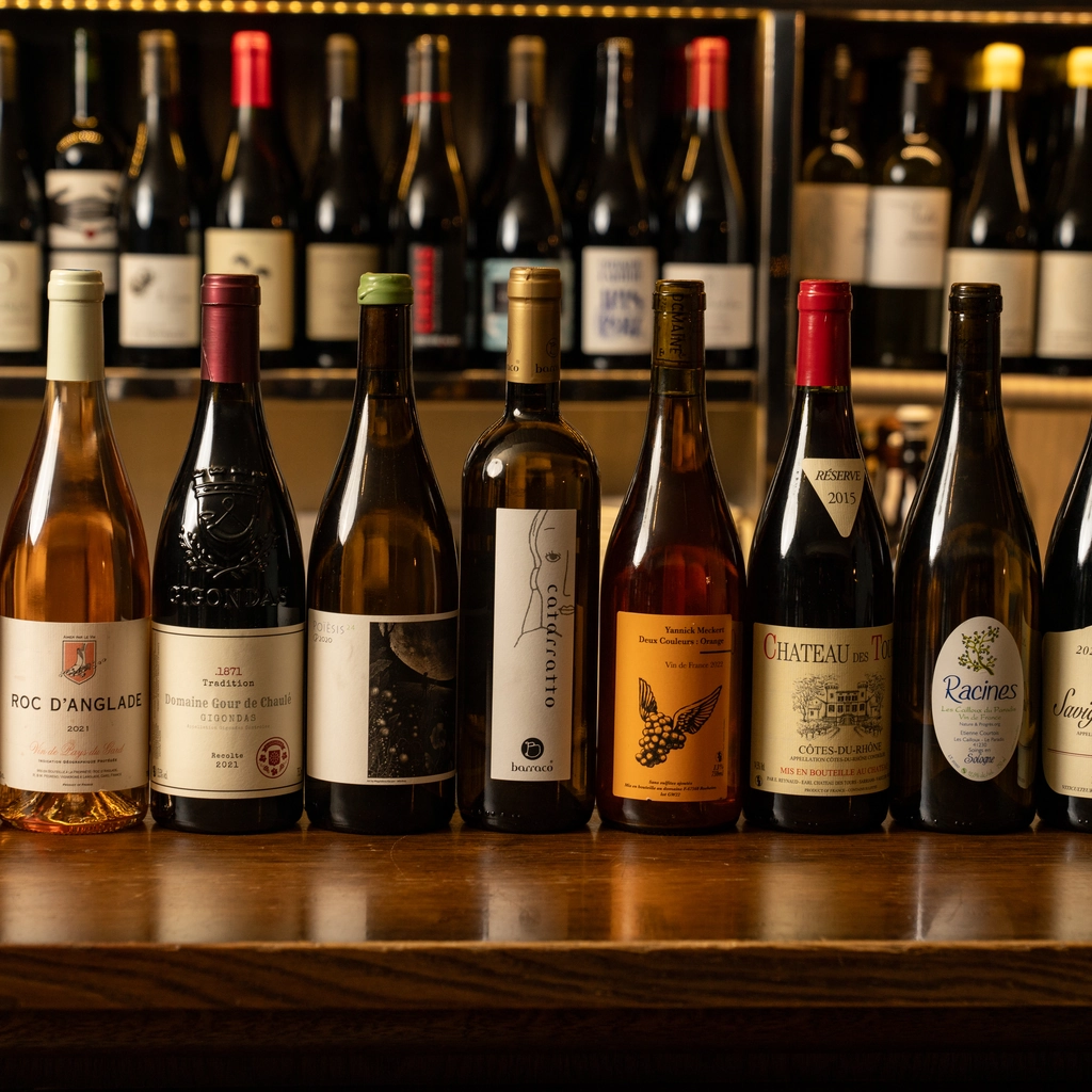 Seleção de garrafas de vinhos finos expostas num balcão de madeira num estabelecimento do Grupo Experimental.