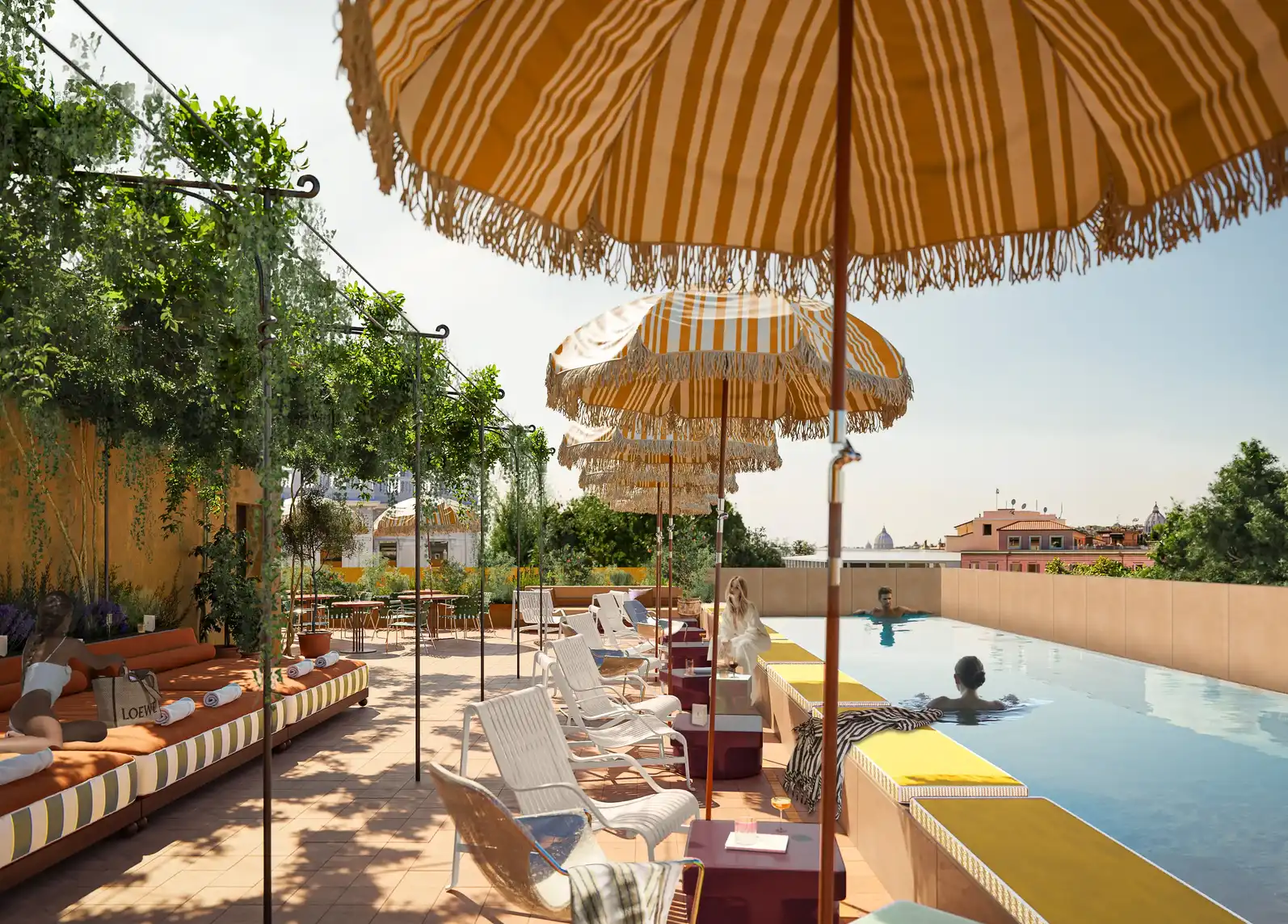 Rooftop pool area with striped umbrellas, lounge chairs, people relaxing, plants, and city view.