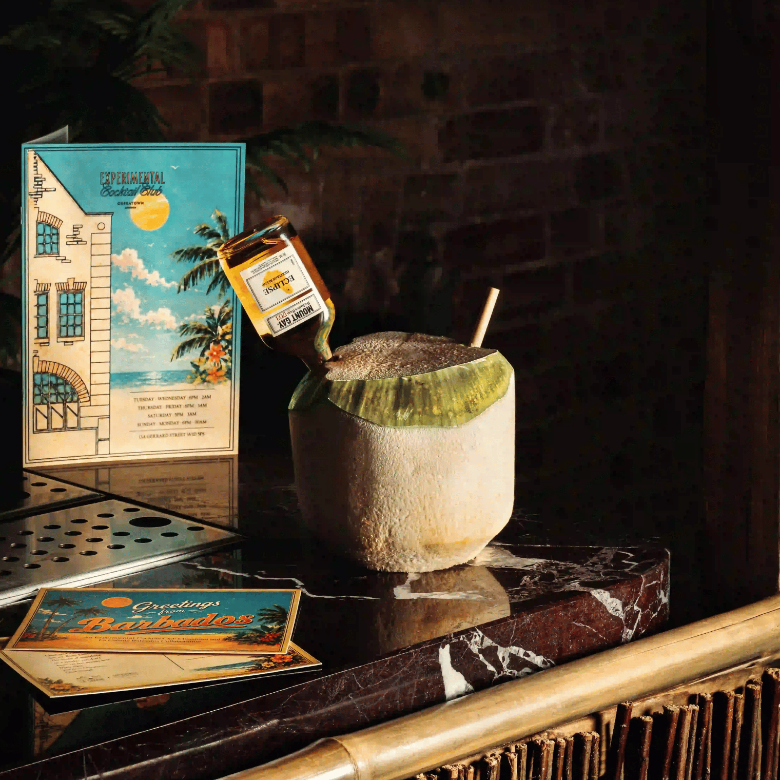 Coconut placed on the bar.