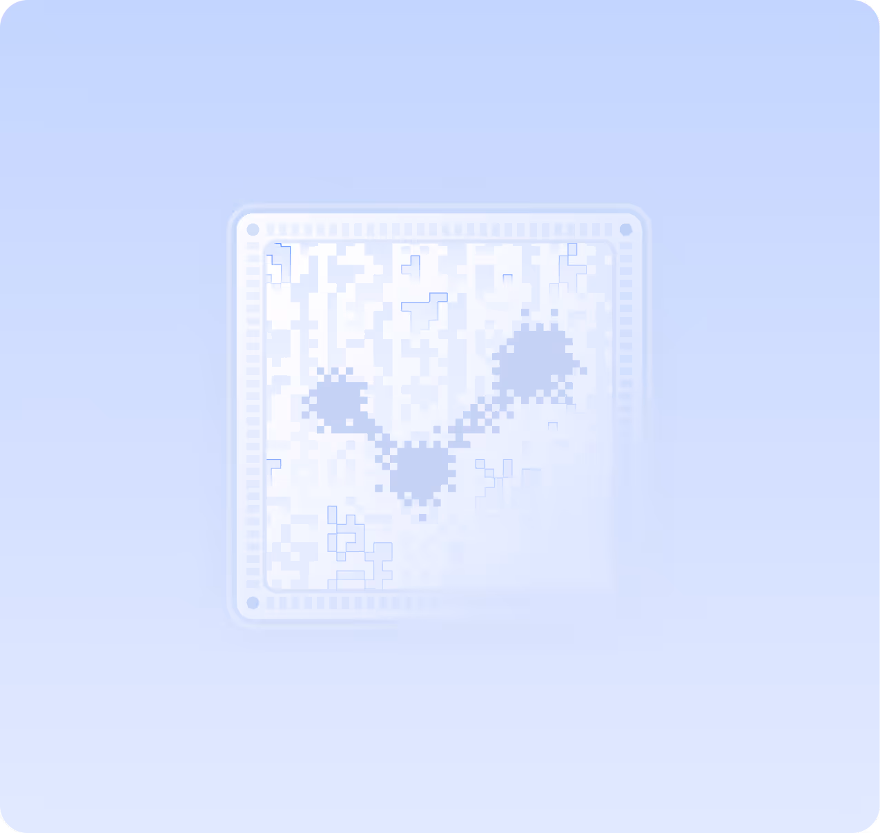 Abstract digital circuit pattern with connected nodes on a light blue background symbolizing an AI chip.