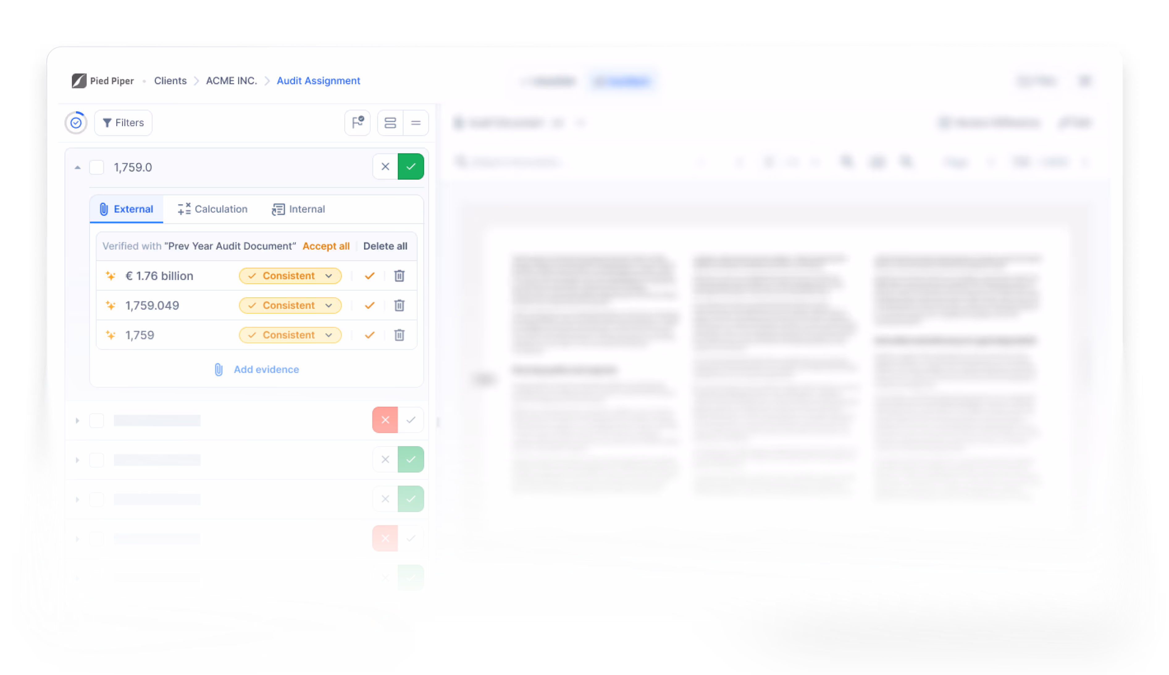 Audit assignment interface showing verification of financial figures with consistent status for €1.76 billion, 1,759.049, and 1,759 values.