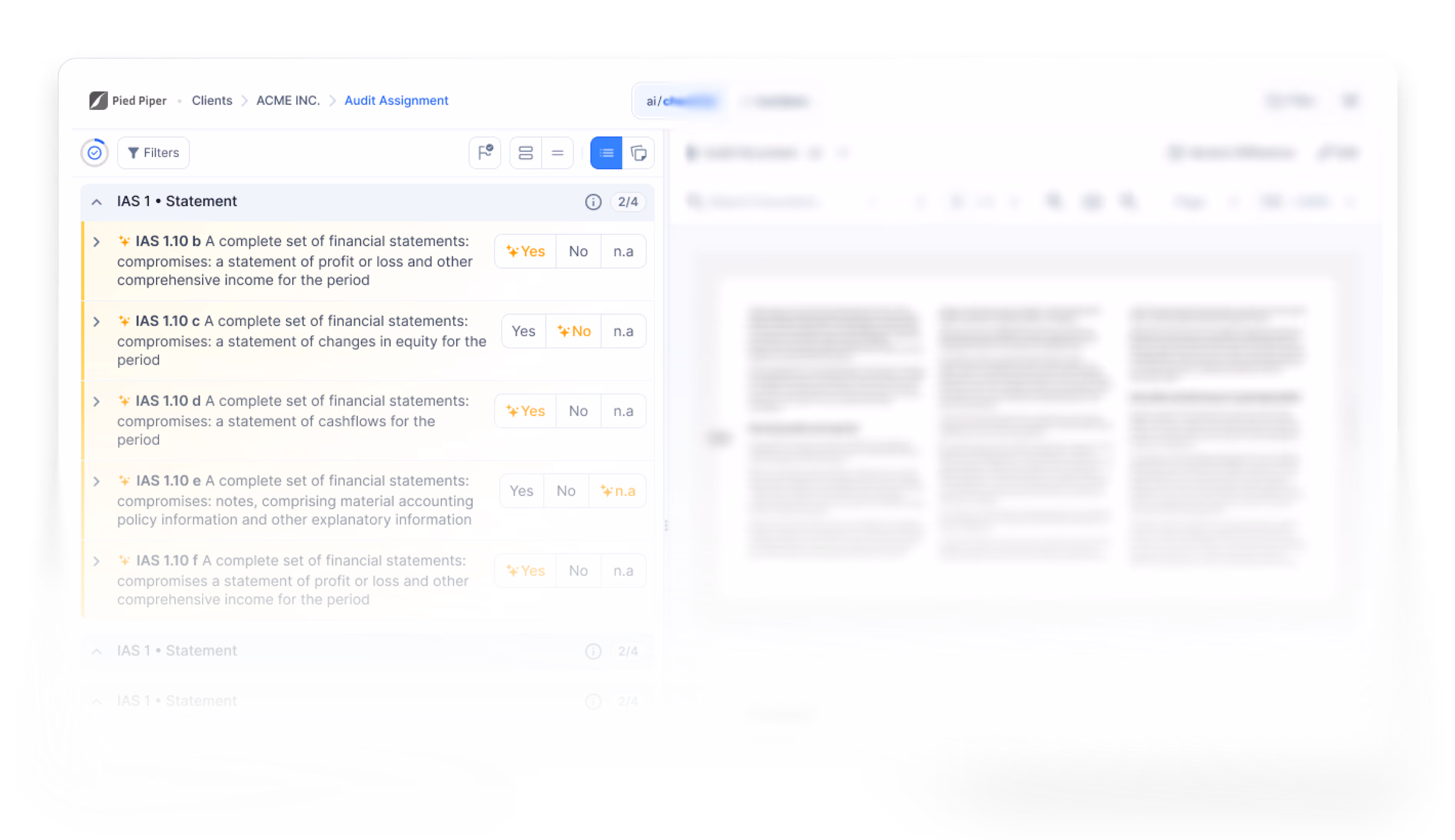 Audit checklist interface showing IAS 1 Statement items with options to mark Yes, No, or N.A. for various financial statement components such as profit or loss, changes in equity, cash flows, and notes.