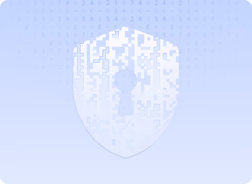 Digital shield with a keyhole in the center composed of pixelated patterns and faint numerical symbols in the background.
