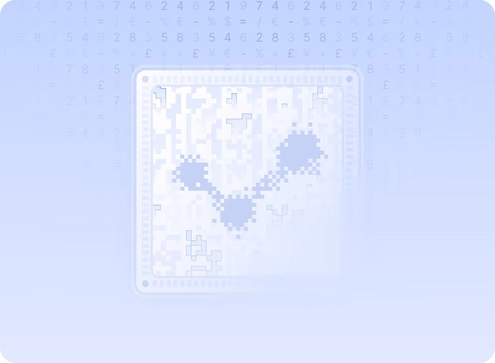 Abstract image of a microchip with interconnected nodes against a background of floating numbers and currency symbols.