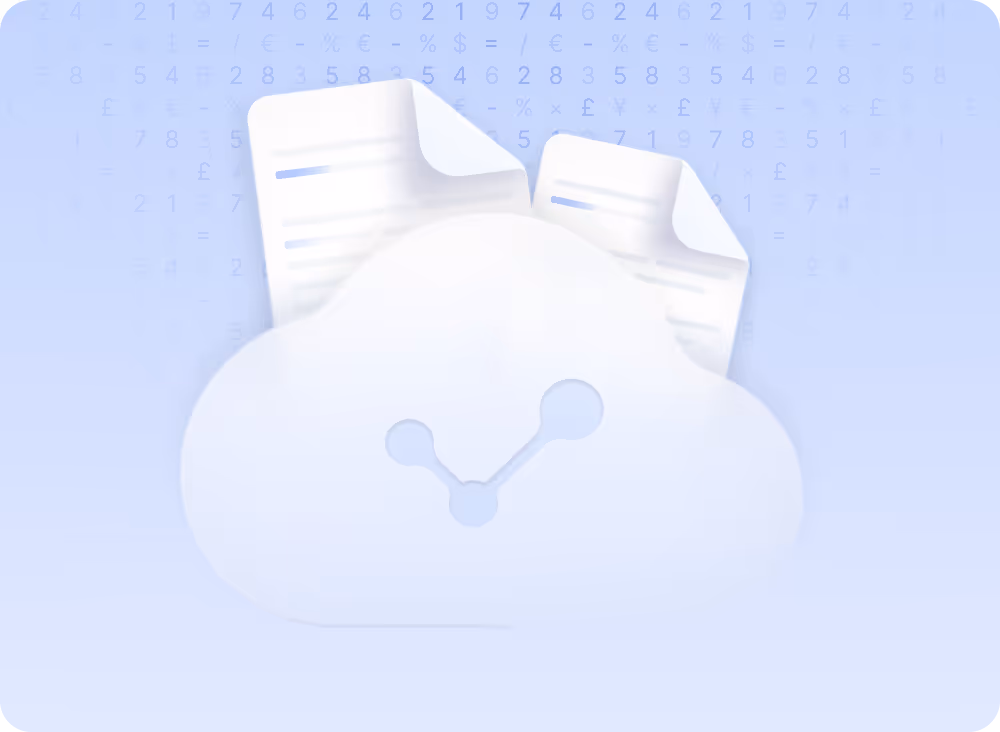 Abstract cloud icon with network nodes and two document sheets in front of a light blue background with faint numbers and symbols.