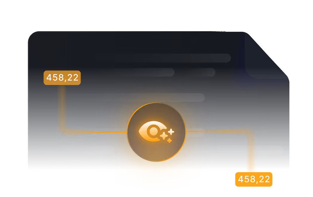 Dark document icon with an illuminated eye symbol at the center connected by glowing orange lines to the number 458,22 displayed on the left and right sides.
