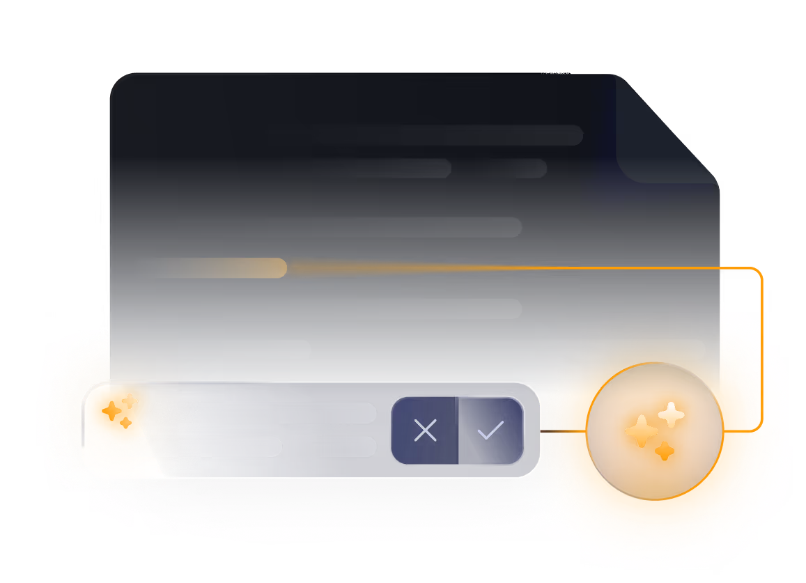 Dark-themed user interface showing text suggestion with accept and reject buttons connected to a glowing sparkle icon.