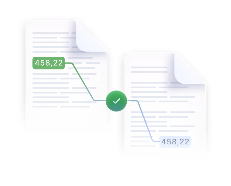 Two document icons connected by a checkmark, highlighting the matching number 458.22 on each page with green and blue labels.