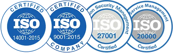 Keturi ISO sertifikatai: ISO 14001-2015, ISO 9001-2015, ISO 27001 Saugumo valdymas, ISO 20000 Paslaugų valdymas.