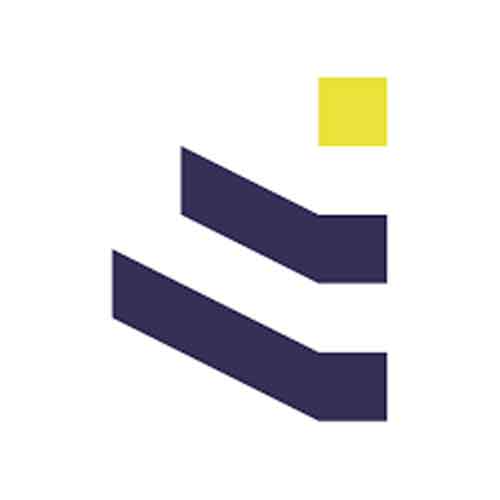 Logo with two dark blue diagonal stripes and a yellow square above them on a white background.