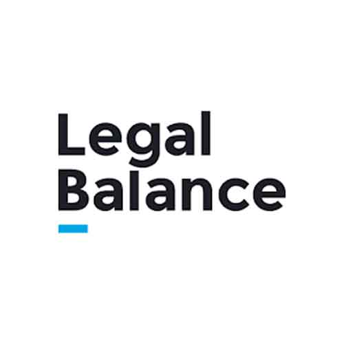 Legal Balance prekės ženklas su mėlyna pabraukimo linija.
