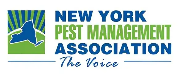 Logo of New York Pest Management Association with a blue silhouette of New York state on a green and blue background, accompanied by the text 'New York Pest Management Association The Voice'.