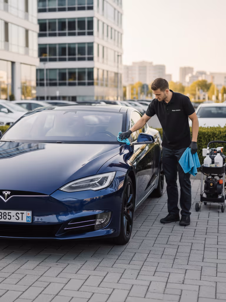 Un homme nettoie la carrosserie d'une voiture électrique Tesla bleu foncé dans un parking en plein air.