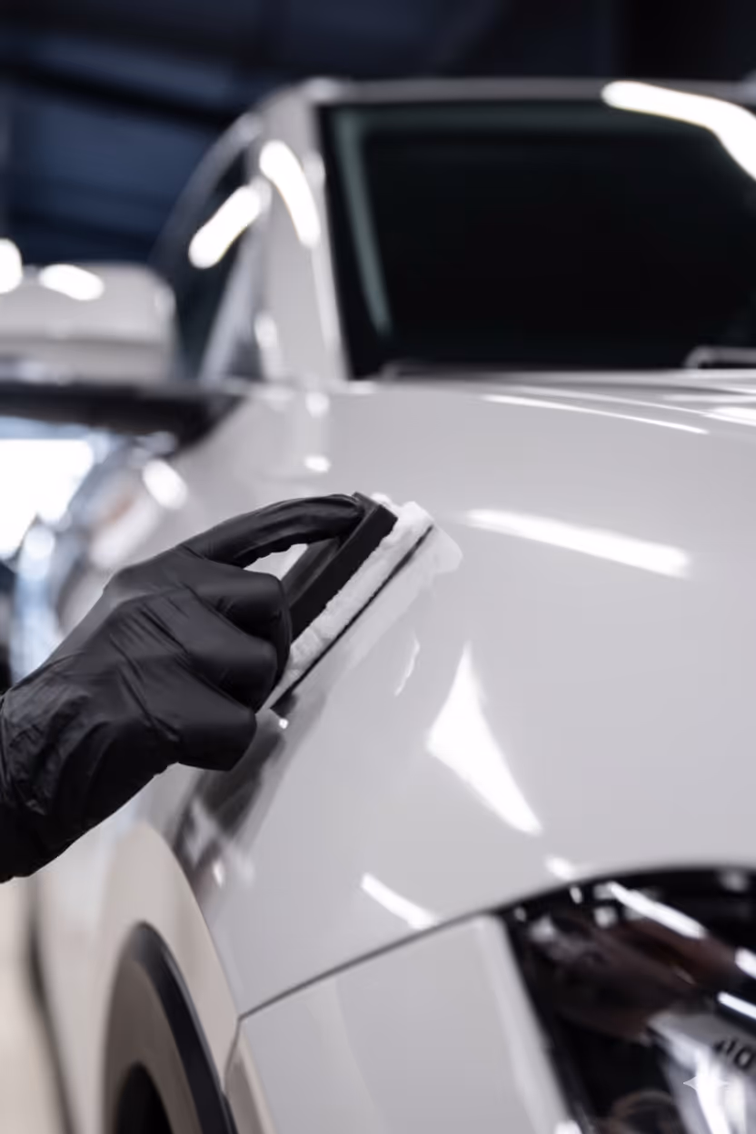 Main portant un gant noir polissant la carrosserie blanche d'une voiture.