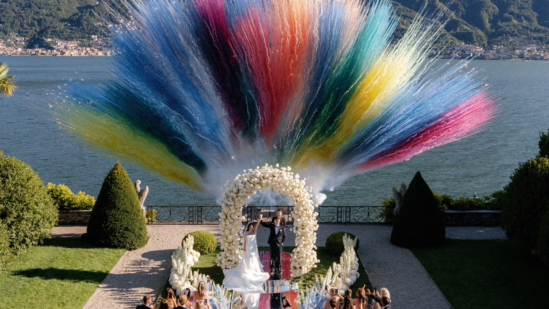 Bride and groom at Villa Balbiano on Lake Como photographed by the lakeside gardens