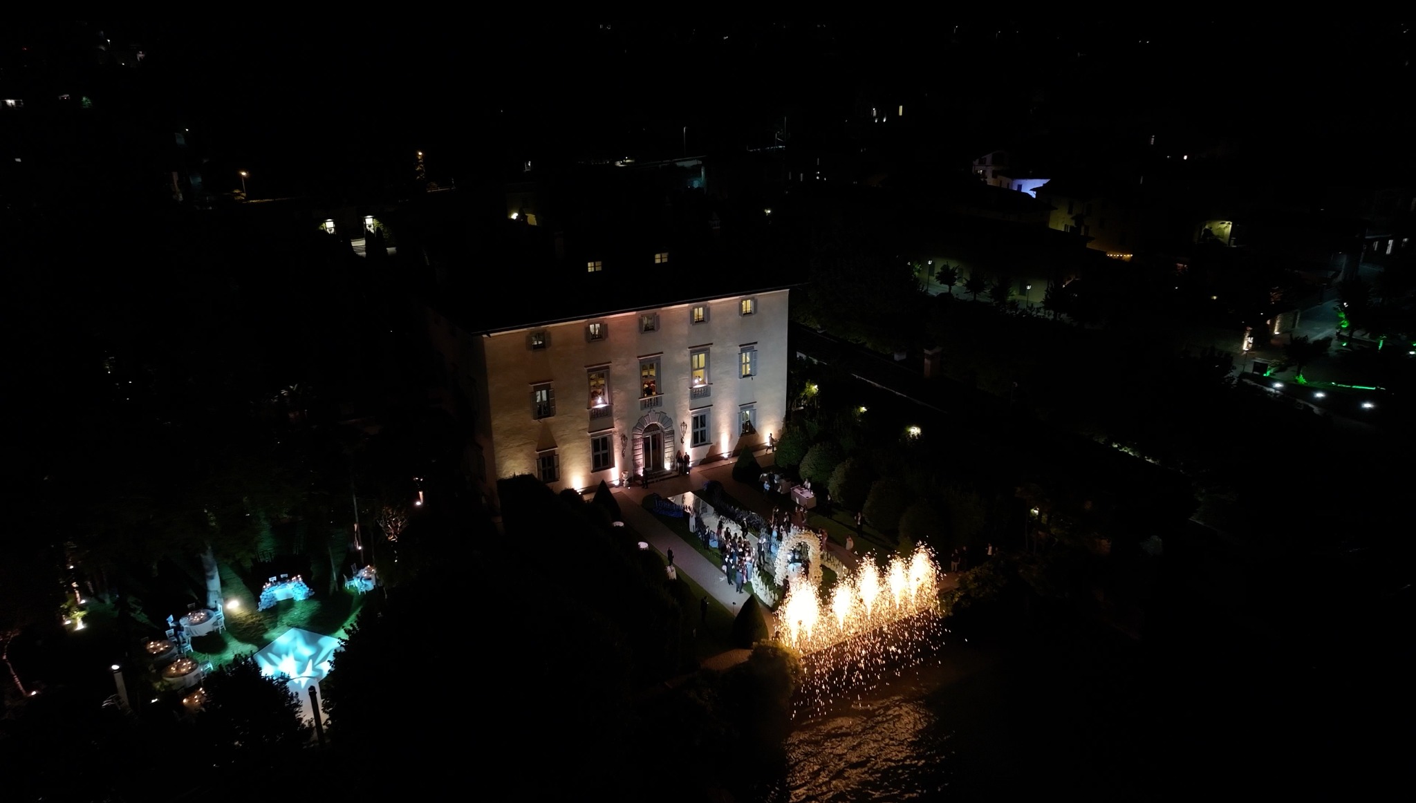 Evening drone view of a Lake Como wedding at Villa Balbiano