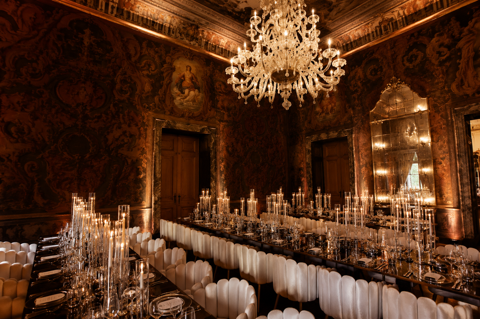 Opulent Villa Erba banquet hall with rich wedding decor