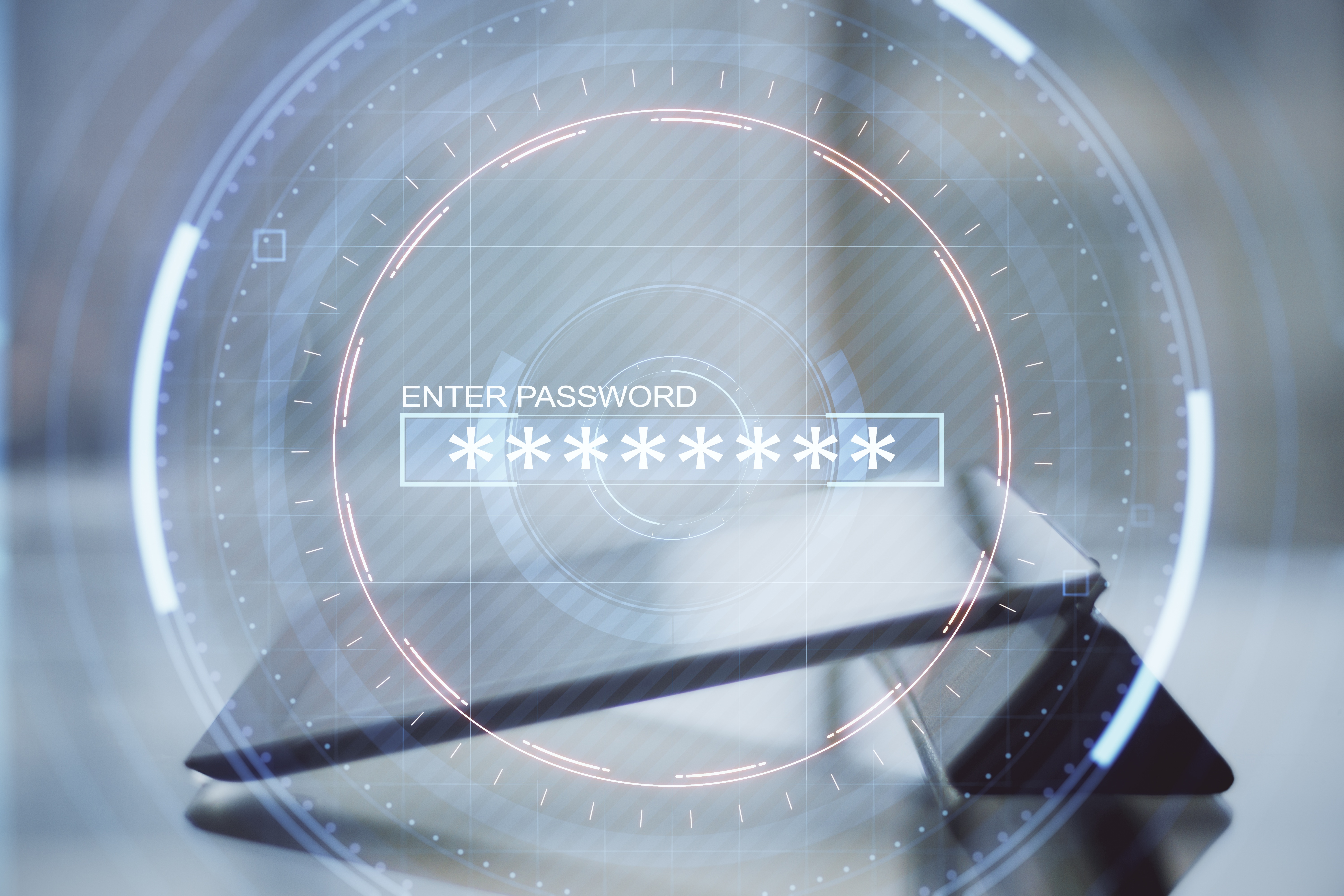 Schermata digitale con inserimento password su tablet, simbolo di cybersecurity, protezione dei dati, sicurezza informatica e accesso protetto.