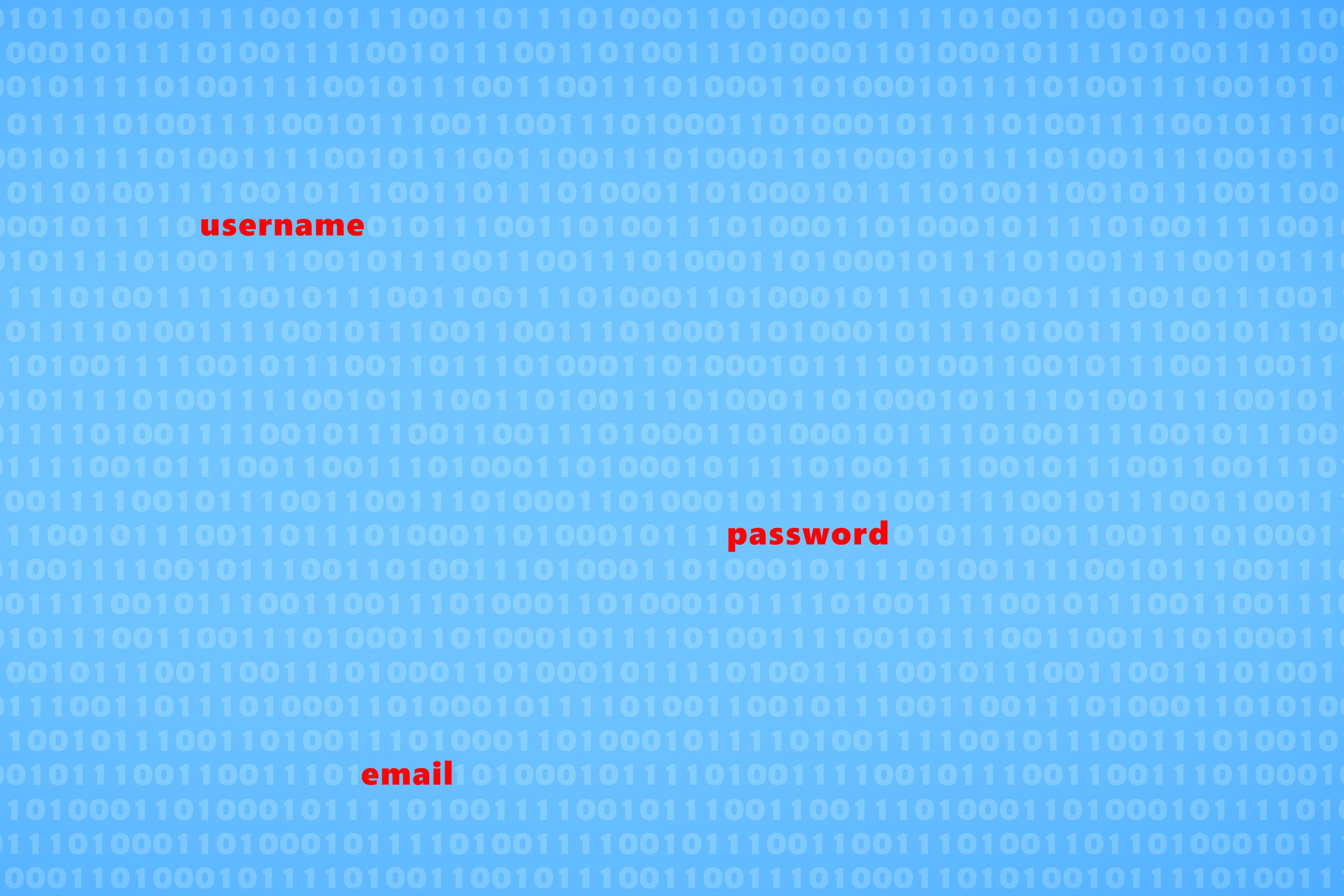 Sfondo digitale con codice binario e parole username, password ed email, simbolo di cybersecurity, credenziali online e protezione dei dati personali.
