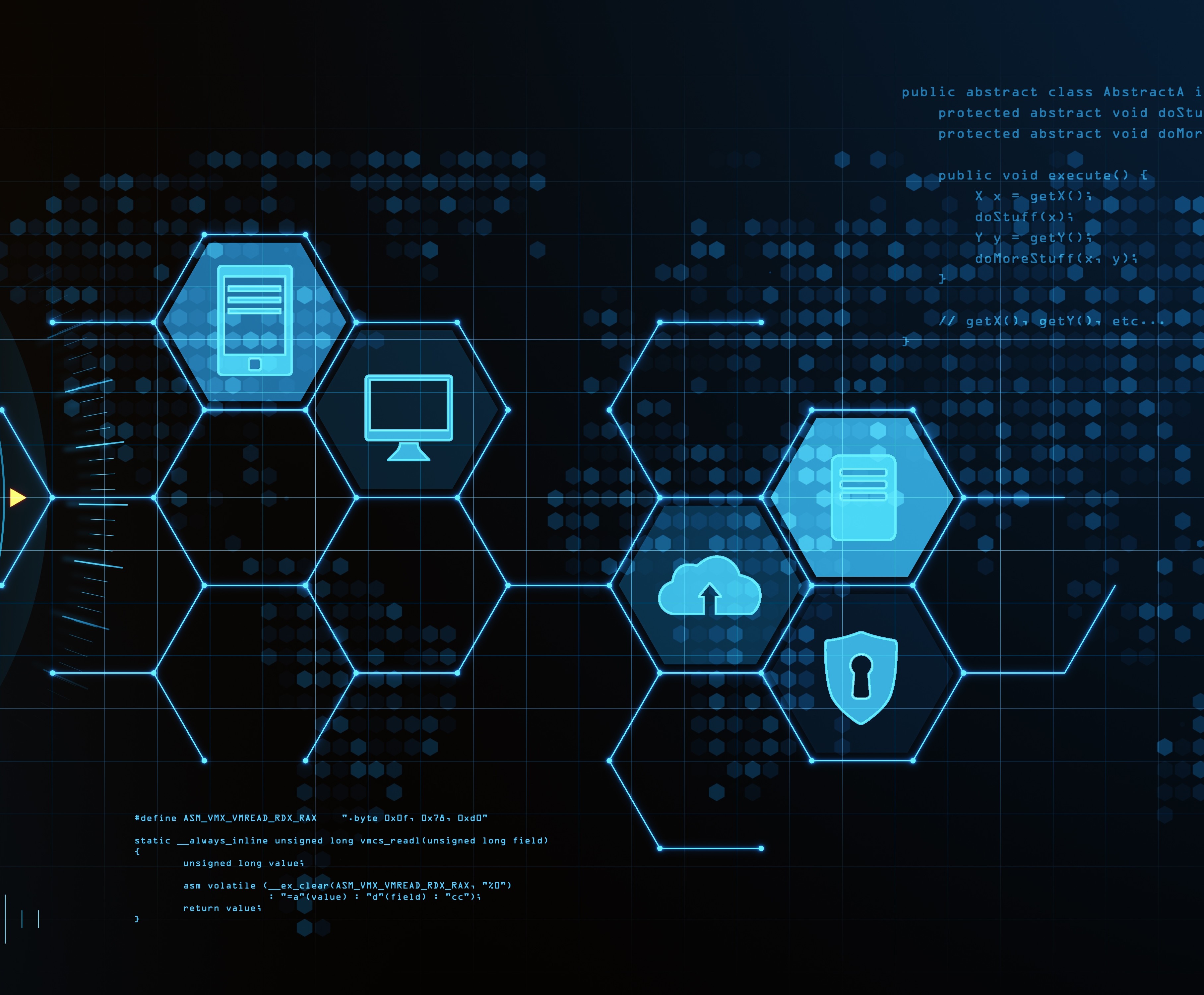 Interfaccia digitale con icone di cloud, server, dispositivi e sicurezza, simbolo di cybersecurity, protezione dei dati e infrastrutture IT connesse.