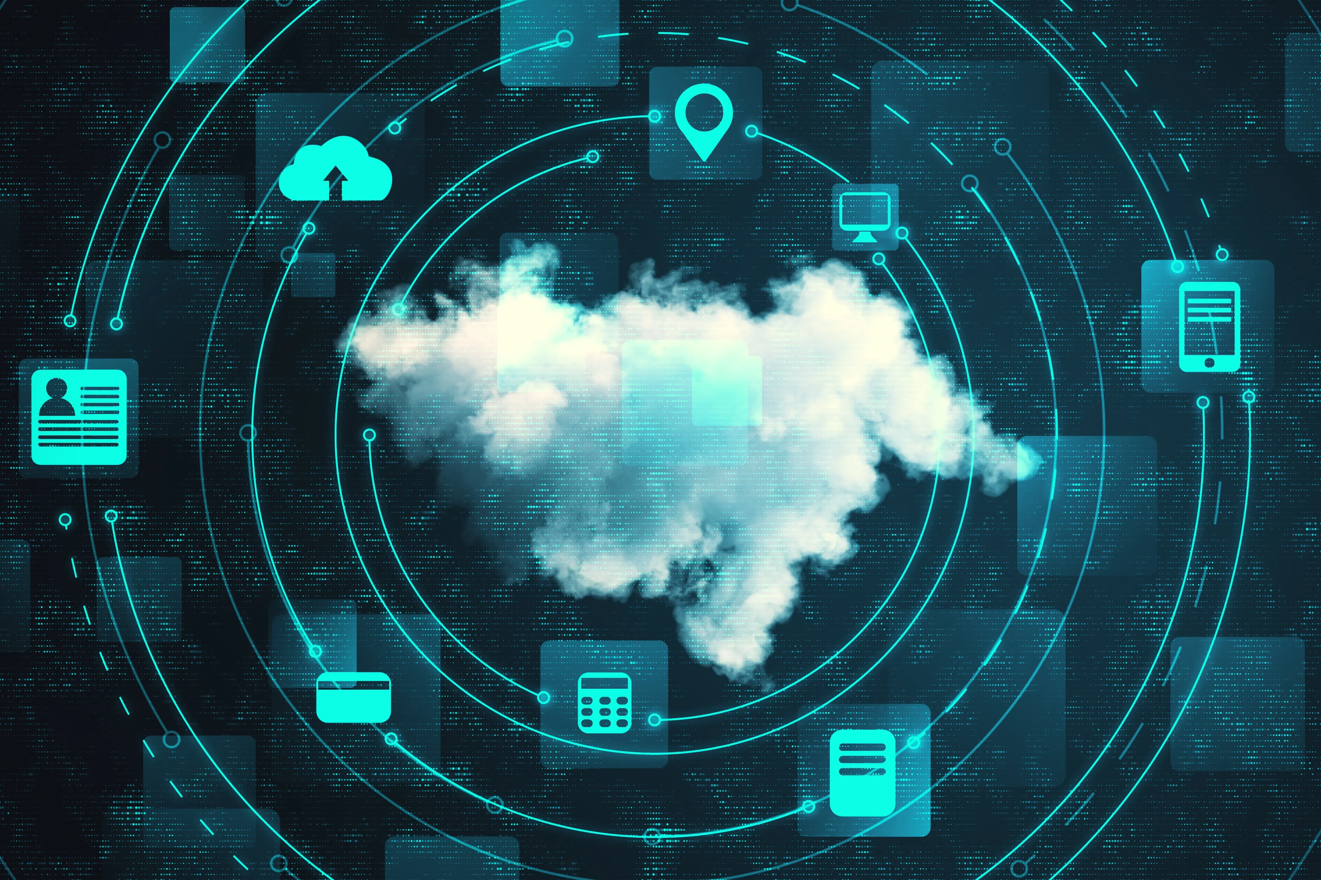Cloud computing con rete digitale e dispositivi connessi, simbolo di archiviazione online, condivisione dati, infrastrutture IT e trasformazione digitale.
