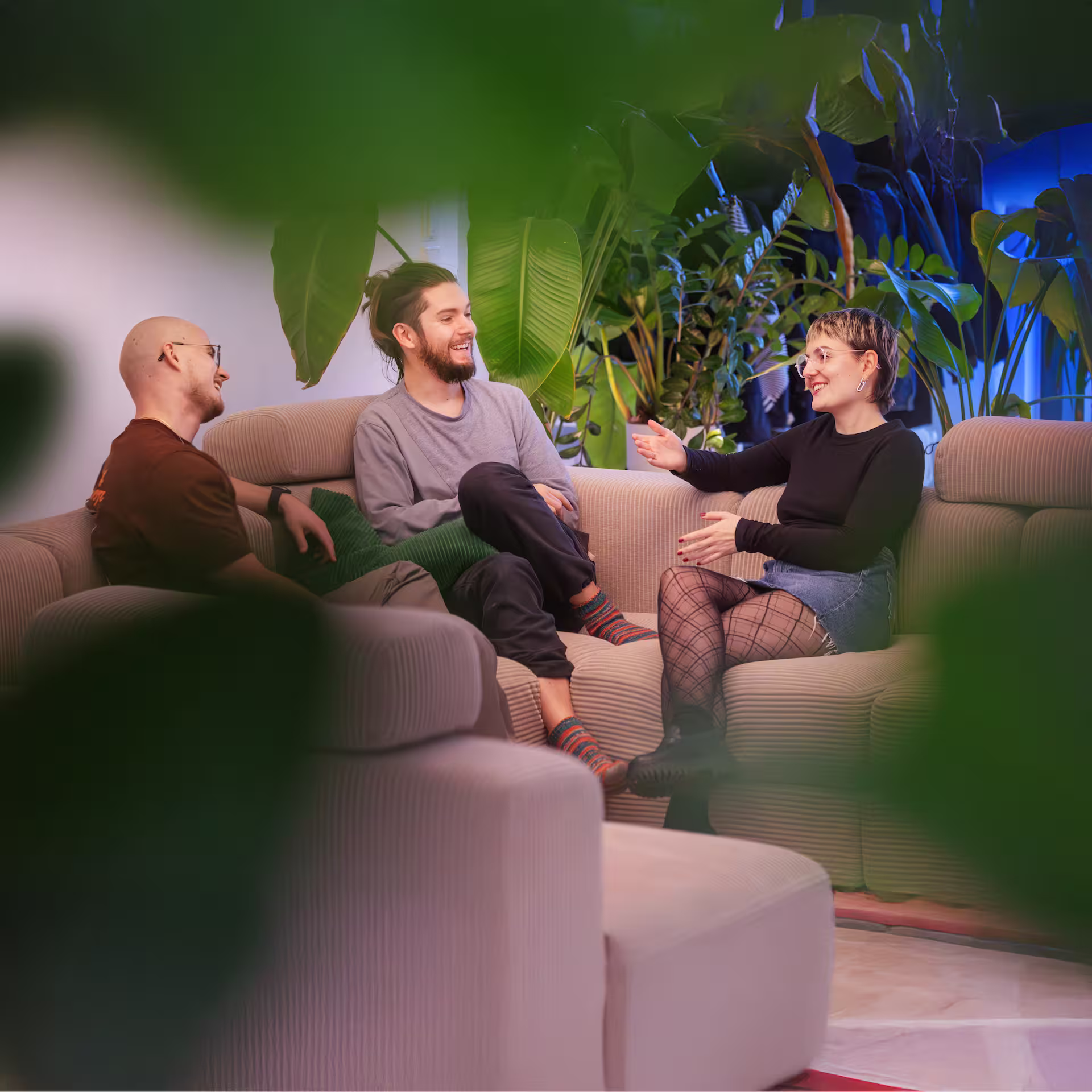 Drei Personen sitzen auf einer Couch in einem gemütlichen Raum mit vielen grünen Pflanzen und unterhalten sich fröhlich.