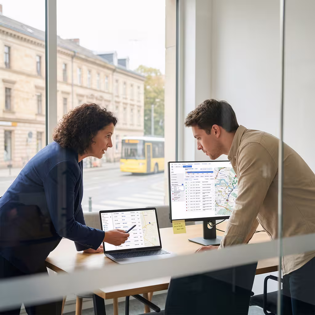 Zwei Personen diskutieren bei einem Meeting vor einem Laptop und Monitor, die Karten und Datenanzeigen zeigen.