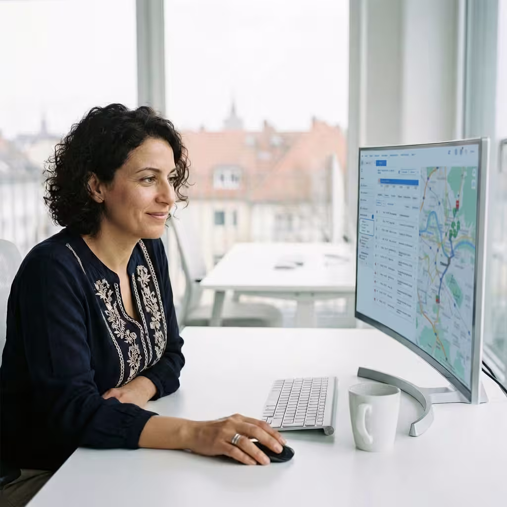 Frau arbeitet an einem Computer mit gekrümmtem Bildschirm, auf dem eine Karten- und Routensoftware angezeigt wird.