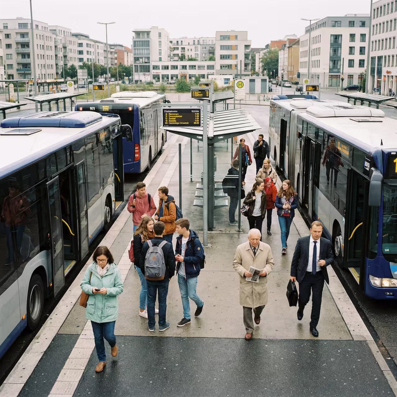 Menschen steigen an einem belebten städtischen Busbahnhof mit mehreren blauen Bussen ein und aus.