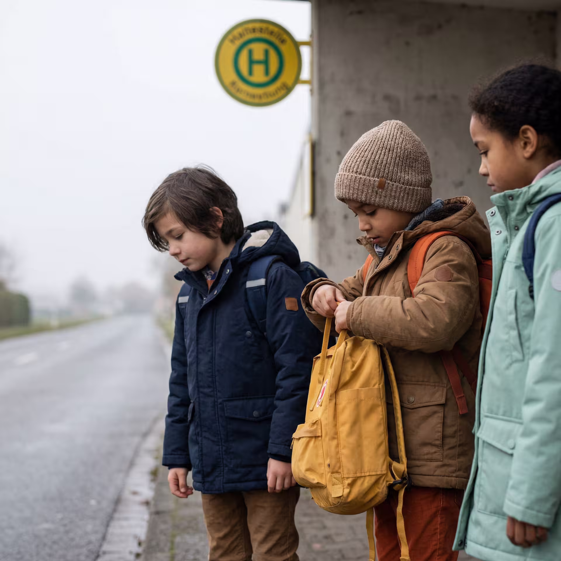 Drei Kinder in Winterjacken warten an einer Bushaltestelle, eines durchsucht einen gelben Rucksack.