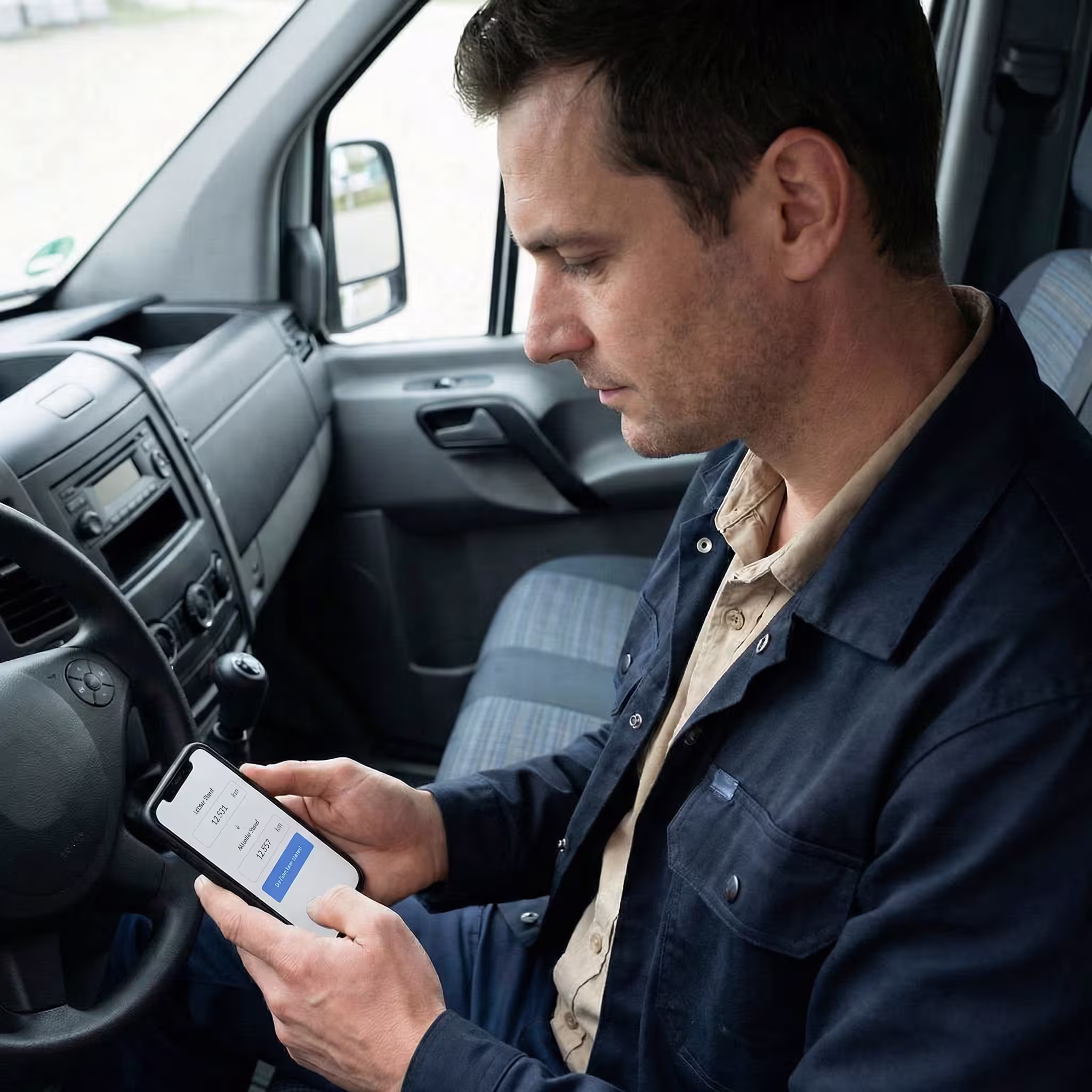 Mann sitzt im Fahrzeug und betrachtet auf einem Smartphone eine Kilometeranzeige.