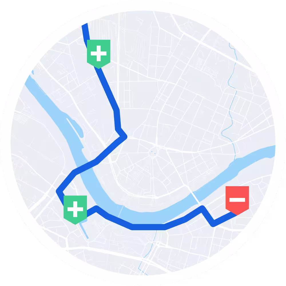 Kartenausschnitt mit blauem Fluss, zwei grünen Schildsymbolen mit Pluszeichen und einem roten Schildsymbol mit Minuszeichen, verbunden durch eine blaue Route.