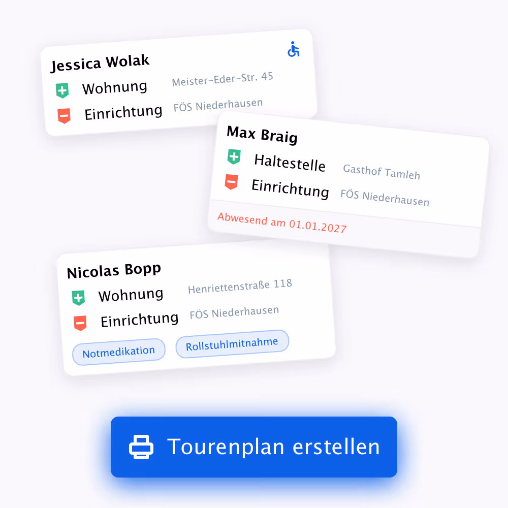 Drei Karten mit Namen Jessica Wolak, Max Braig und Nicolas Bopp mit Wohn- und Einrichtungsdetails sowie einem blauen Button 'Tourenplan erstellen'.