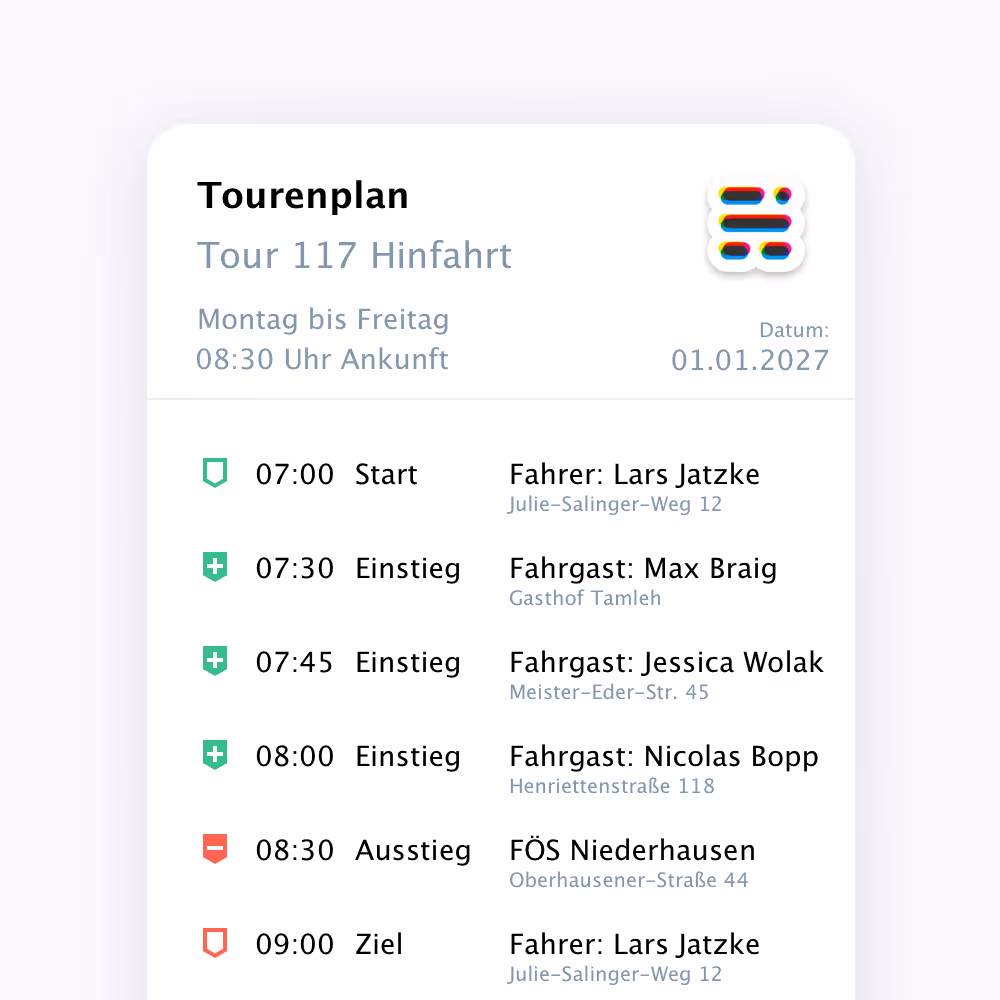 Tourenplan für Tour 117 Hinfahrt vom 01.01.2027 mit Start um 07:00, mehreren Einstiegen und einem Ausstieg, endet um 09:00.