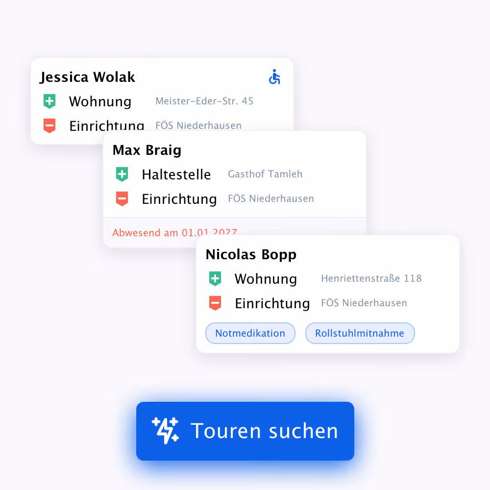 Benutzerkarten mit Namen Jessica Wolak, Max Braig und Nicolas Bopp, jeweils mit Wohn- oder Haltestellenadresse und Einrichtung FÖS Niederhausen, darunter ein blauer Button mit Text Touren suchen.