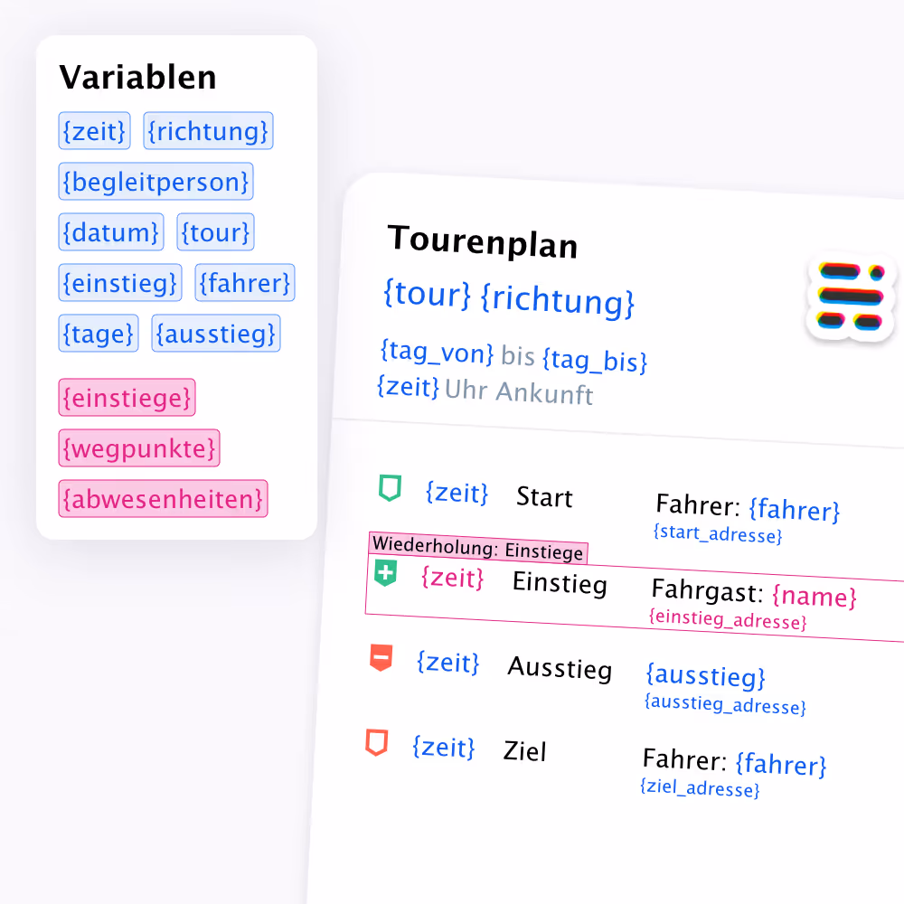 Übersicht der Variablen und ein Tourenplan mit Zeitangaben für Start, Einstieg, Ausstieg und Ziel, Fahrer- und Fahrgastinformationen in deutscher Sprache.