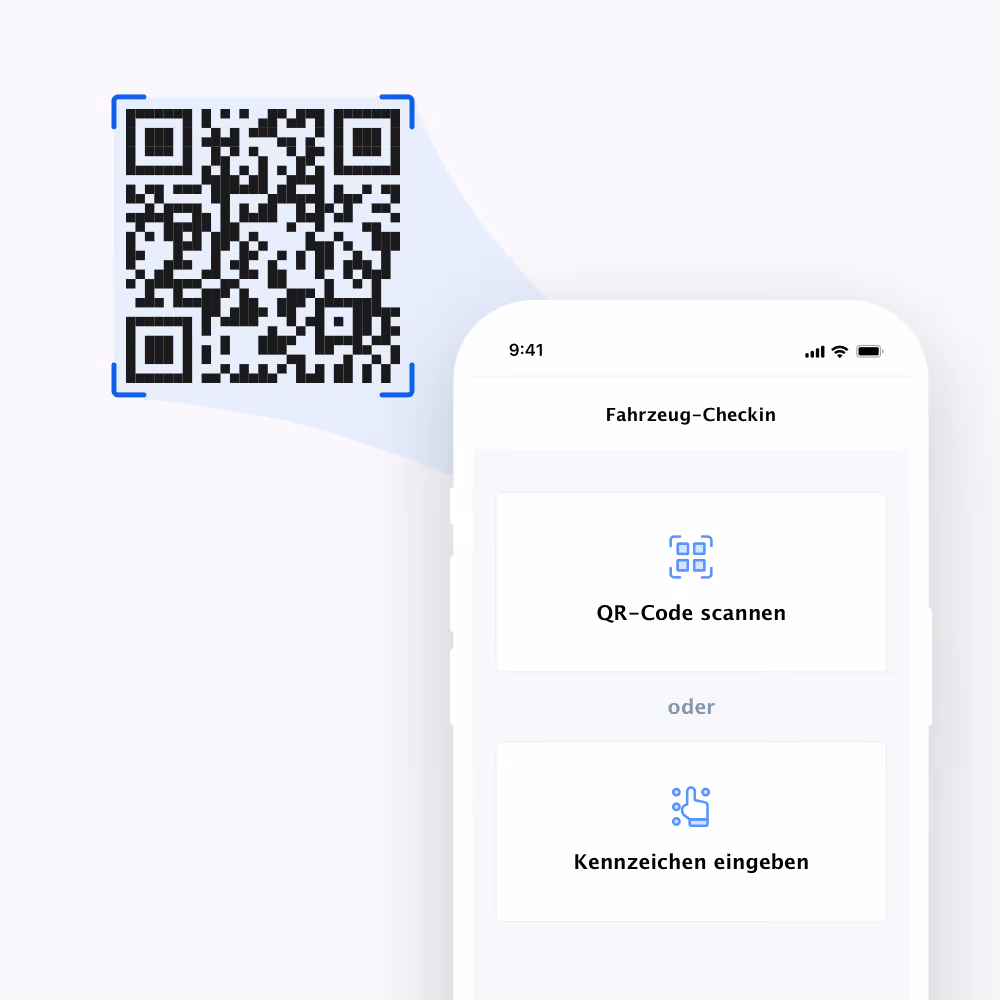 Smartphone-Bildschirm zeigt Fahrzeug-Check-in mit Optionen zum Scannen eines QR-Codes oder Eingeben eines Kennzeichens.