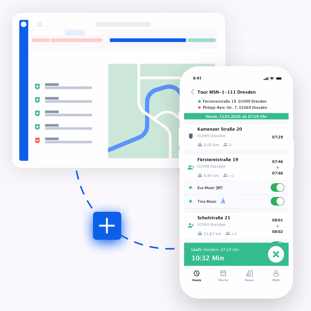 Eine Web- und mobile Anwendung zeigt eine Routenübersicht für eine Tour in Dresden mit Stopps, Zeiten und Passagierinformationen.
