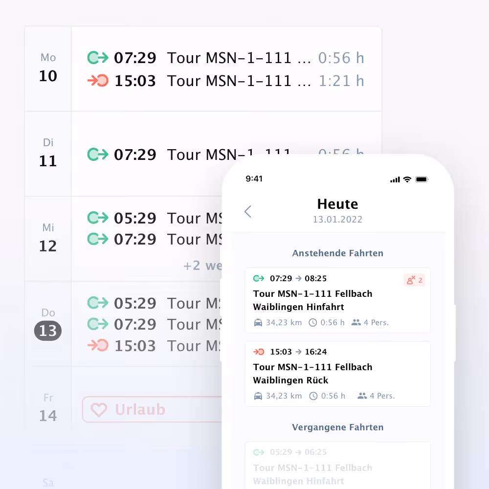 Smartphone-Bildschirm mit Fahrplan-App, zeigt geplante Touren mit Abfahrtszeiten, Zielen und Personenzahlen