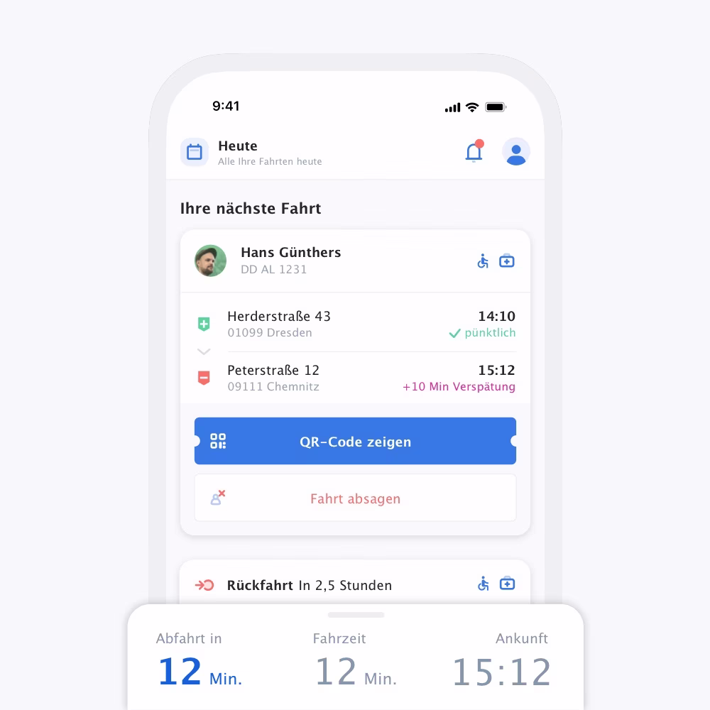 Die Fahrgast-App, die einen Überblick über den heutigen Tag zeigt.