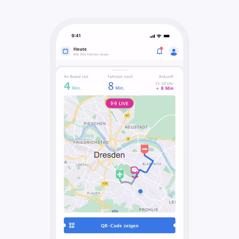 Fahrgast-App, die eine Karte mit aktiven Live-Tracking einer Route zeigt.