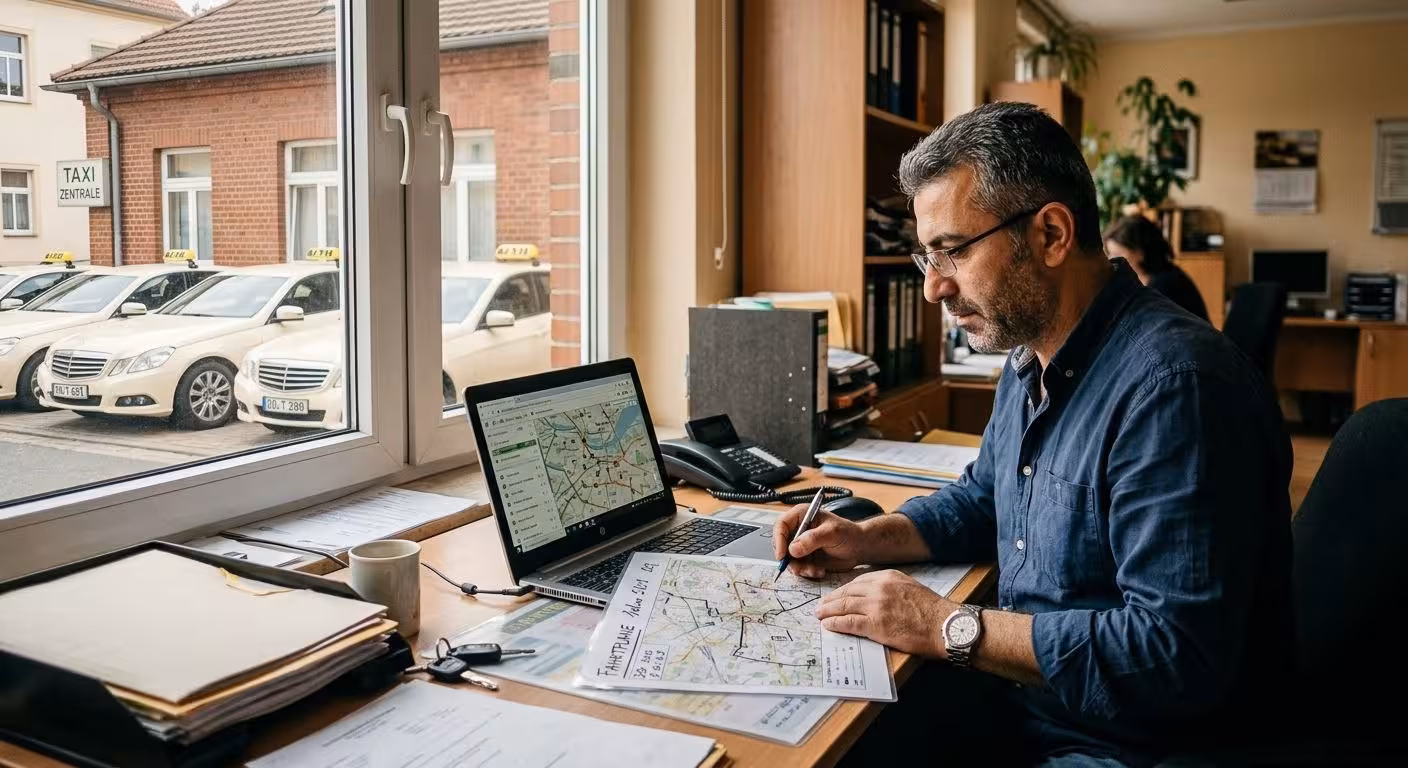 Ein Taxifahrer sitzt im Büro und bearbeitet die Routenplanung.