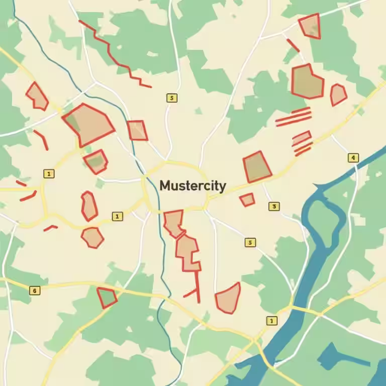 Karte mit beispielhaften Markierungen gefährlicher Gebiete und Straßen für die Planung der Schülerbeförderung.